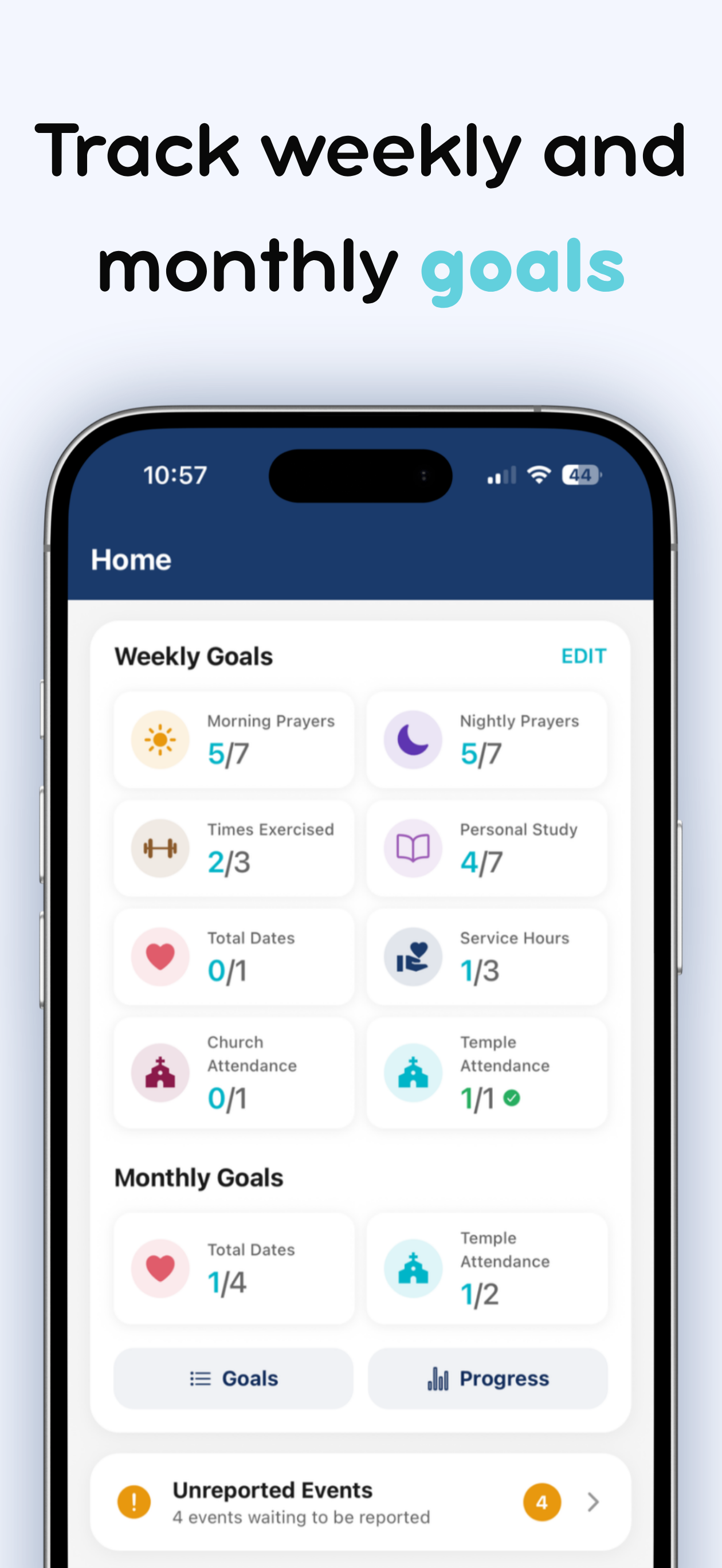 Weekly and monthly goal tracking on the Home screen